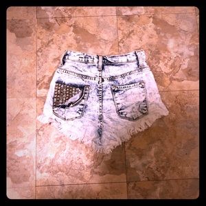 Distressed acid wash jean shorts